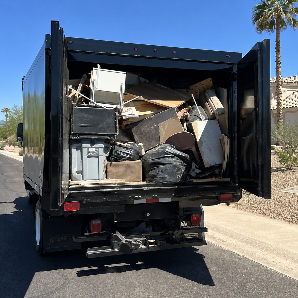 Junk removal truck loaded with debris in the Phoenix Arizona area
