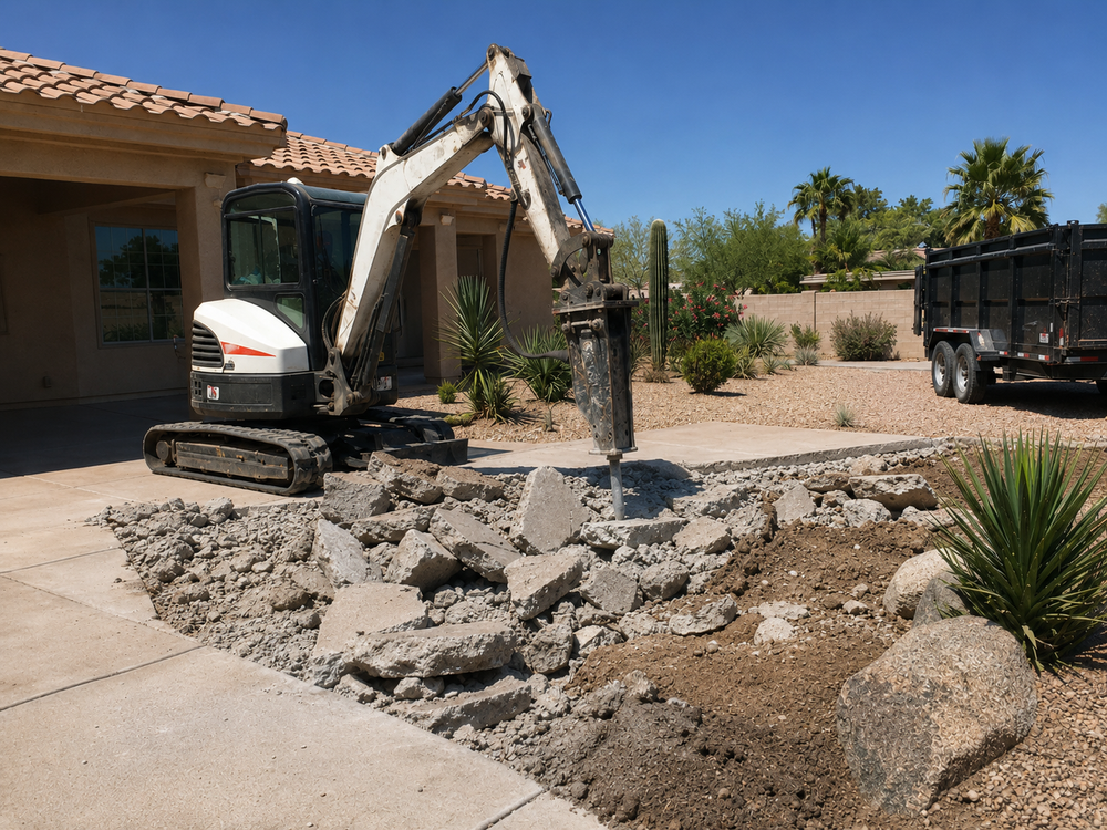 Concrete demolition and removal with excavator in an Arizona residential yard
