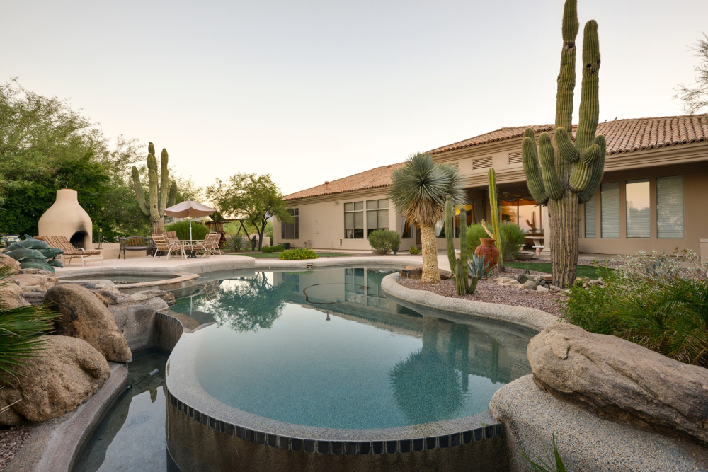 Finished backyard pool and outdoor living space in Arizona